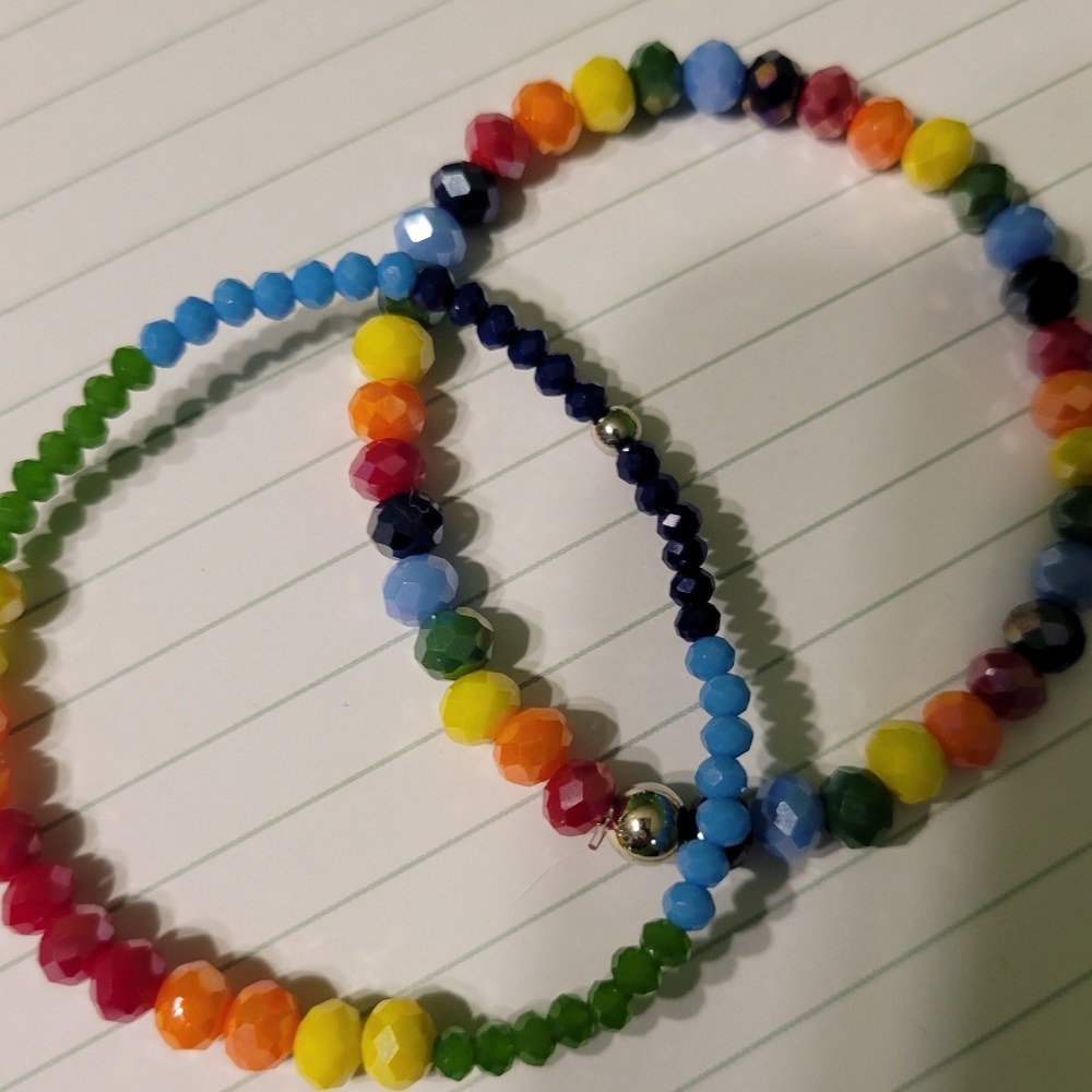 Lot of Two Rainbow Faceted Glass Bead Stretch Bracelets 6.5 Inches Handm…